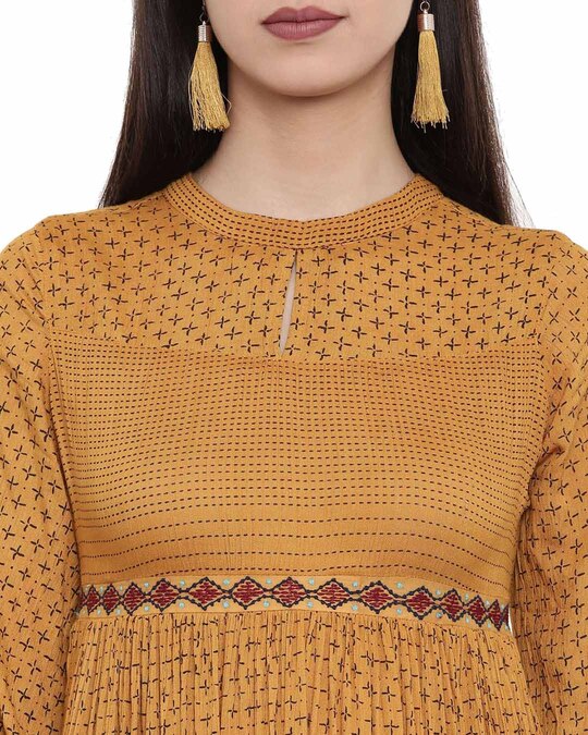 Shop Tribal Print Empire Shift Yellow Dress For Women's-Full