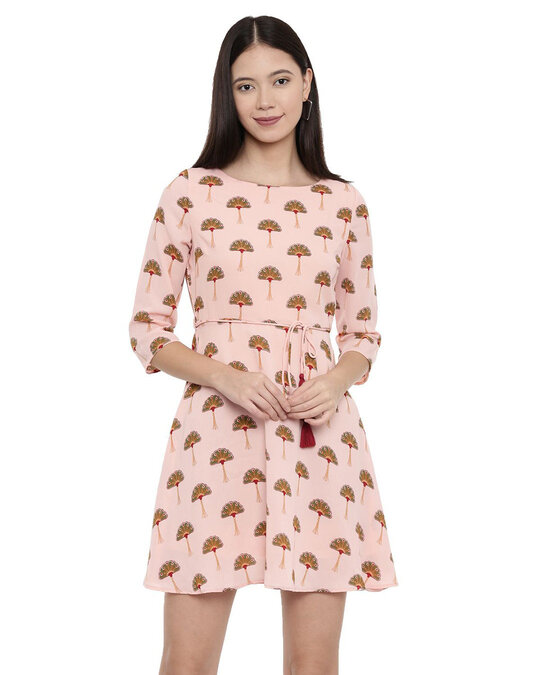 Shop Wild Forest Printed Pink A-Shaped Dress For Women's-Front