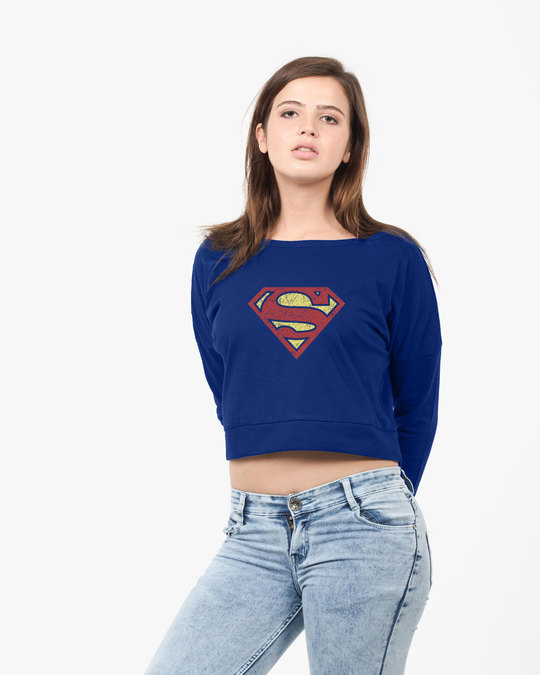 Shop Classic Superman Fullsleeve Crop T-Shirt (SL)-Front