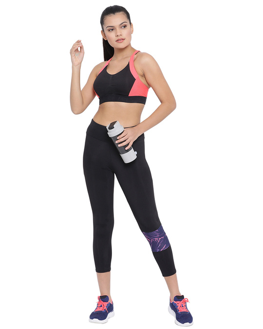 Shop Active Capri Tights With Printed Panel & Waistband Zipper In Black