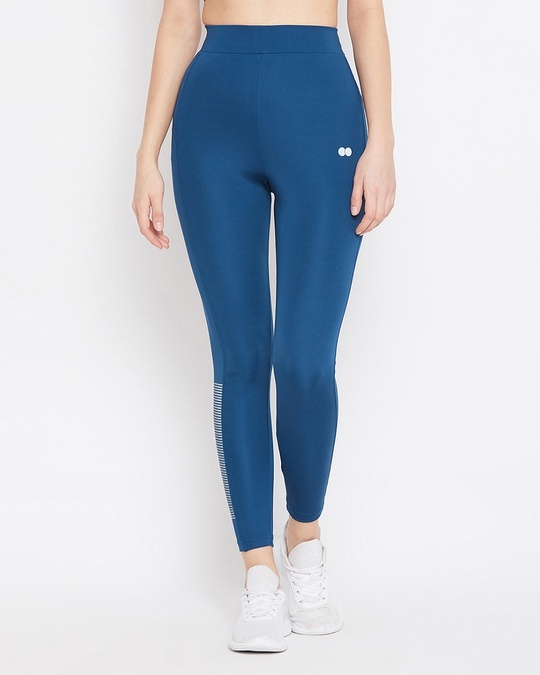 Shop Activewear Ankle Length Tights In Teal Blue-Front