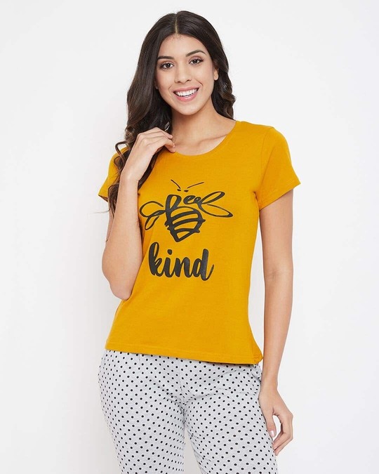 Shop Bee Graphic Print & Text Print Top In Mustard   Cotton Rich-Front