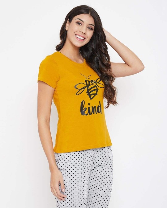 Shop Bee Graphic Print & Text Print Top In Mustard   Cotton Rich-Full