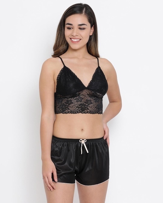 Buy Clovia Bralette with Shorts & Pyjama Set in Black - Lace
