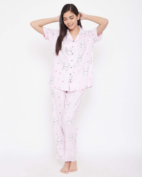 Shop Bunny & Heart Print Button Me Up Shirt & Pyjama In Baby Pink   Rayon-Front