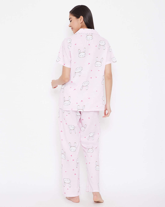 Shop Bunny & Heart Print Button Me Up Shirt & Pyjama In Baby Pink   Rayon-Design