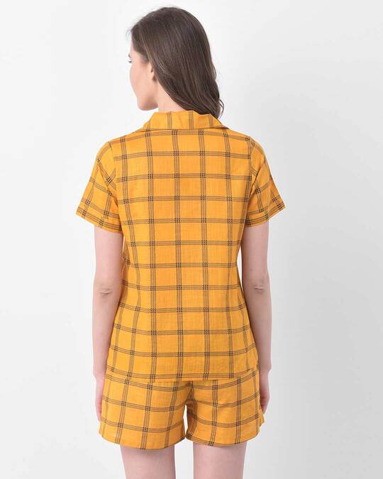 Shop Button Me Up Checked Shirt & Shorts Set In Mustard  100% Cotton-Design