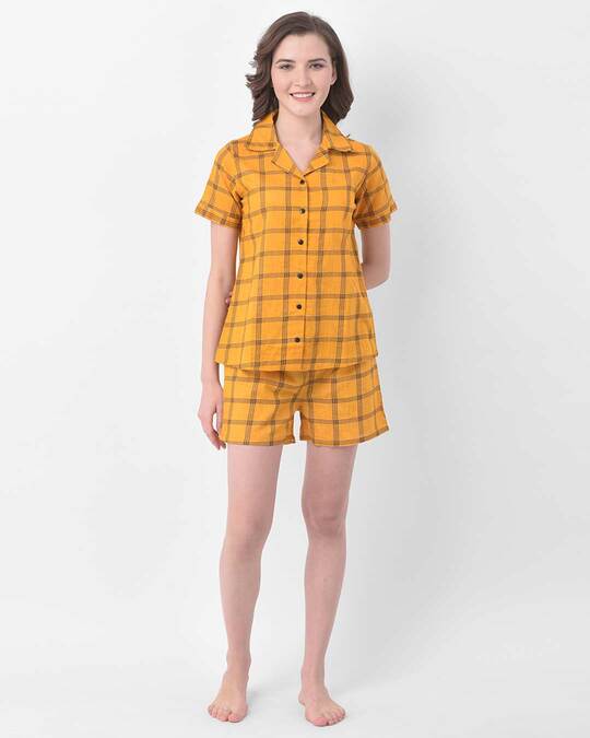 Shop Button Me Up Checked Shirt & Shorts Set In Mustard  100% Cotton-Full