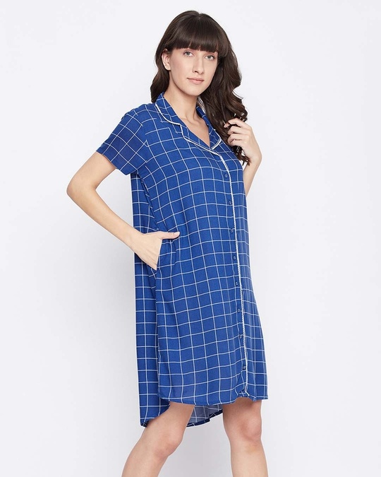 Shop Button Me Up Checked Short Nightdress In Blue   Rayon-Full