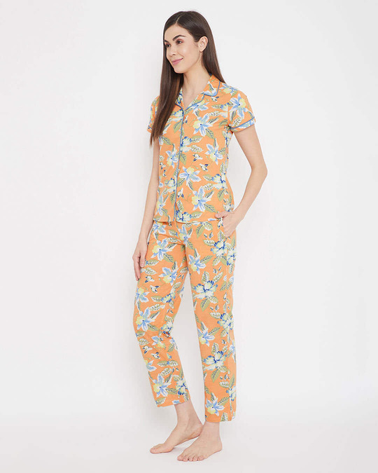 Shop Button Me Up Floral Print Shirt & Pyjama In Orange-Design