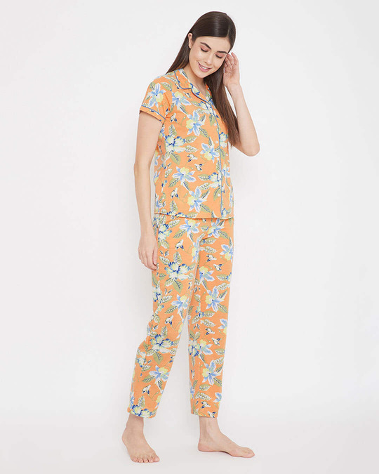 Shop Button Me Up Floral Print Shirt & Pyjama In Orange-Full