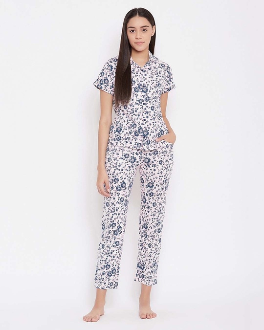 Shop Button Me Up Floral Shirt And Pyjama Set In Pink  Cotton Base-Front