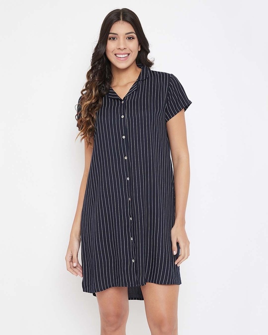 Shop Button Me Up Sassy Stripes Short Night Dress In Navy   Pure Cotton-Front