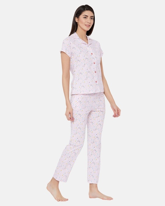 Shop Button Me Up Shirt And Pyjama Set In Light Pink  Cotton Base