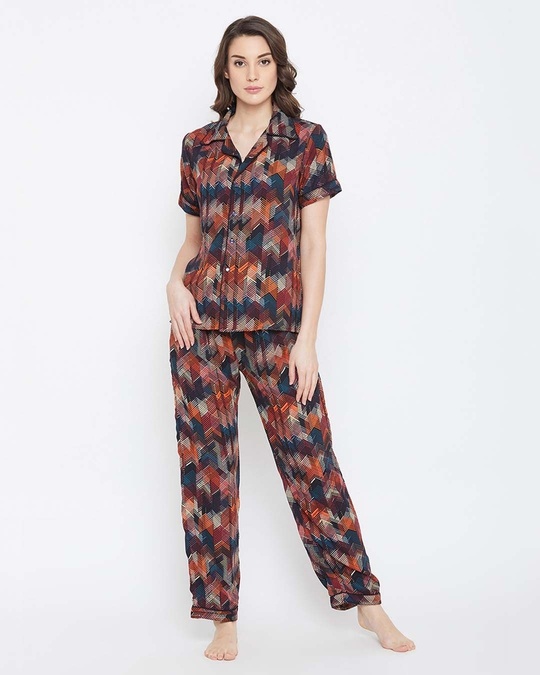 Shop Button Me Up Shirt And Pyjama Set In Multicolour  Crepe-Front
