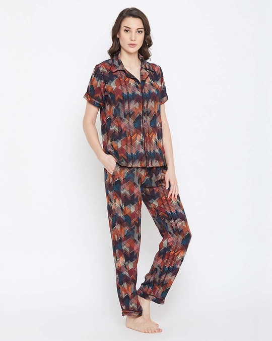 Shop Button Me Up Shirt And Pyjama Set In Multicolour  Crepe-Design