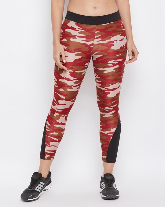 Shop Camouflage Print Activewear Ankle Length Tights In Maroon-Front