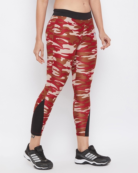 Shop Camouflage Print Activewear Ankle Length Tights In Maroon-Design