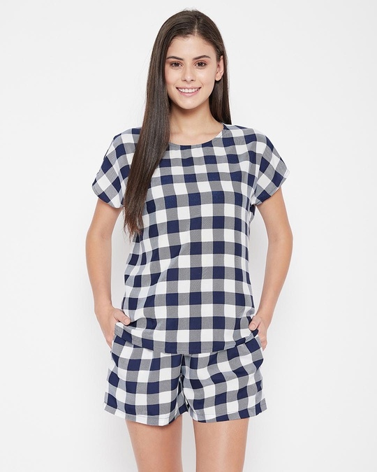Shop Checked Top And Shorts Set In Navy   Crepe-Front