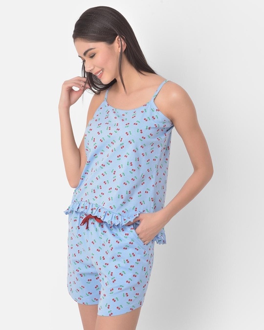 Shop Cherry Print Cami Top & Shorts Set In Powder Blue   Cotton-Design