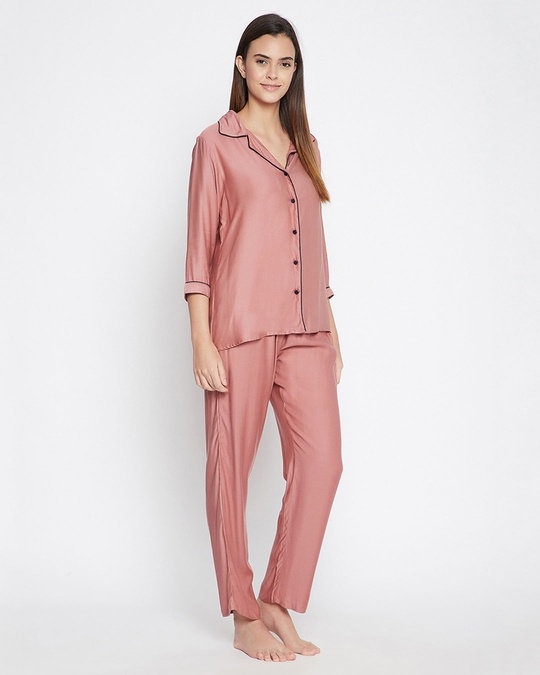Shop Chic Basic Button Me Up Shirt And Pyjama Set In Dusky Pink   Satin
