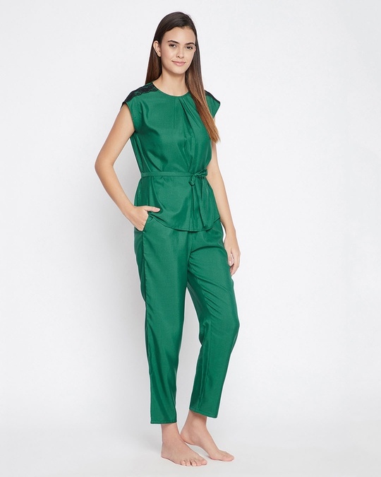 Shop Chic Basic Top And Pyjama Set In Bottle Green   Rayon-Design