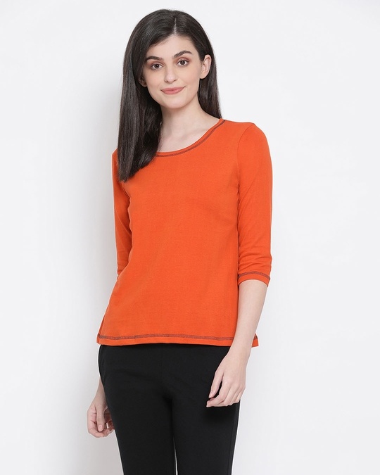 Shop Women's Orange Solid Round Neck T-shirt-Front