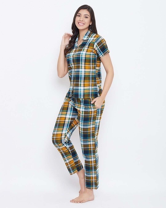Shop Classic Checks Button Me Up Shirt & Pyjama In Multicolour  100% Cotton-Back