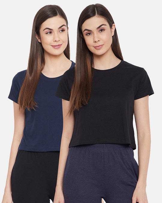 Shop Cotton Pack Of 2 Chic Basic Cropped Sleep T Shirt   Blue & Black-Front