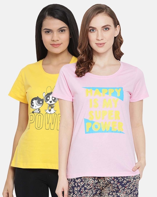Shop Cotton Pack Of 2 Printed T Shirt   Pink & Yellow-Front