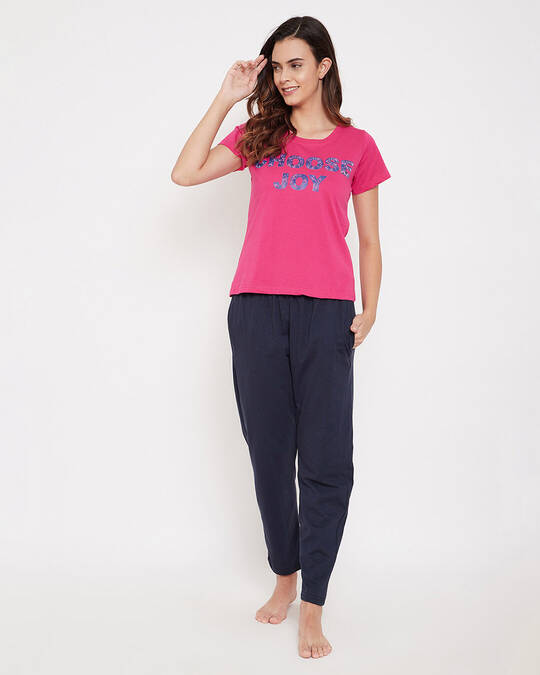 Shop Cotton Quirky Text Top & Basic Pyjama Set   Pink & Blue-Front