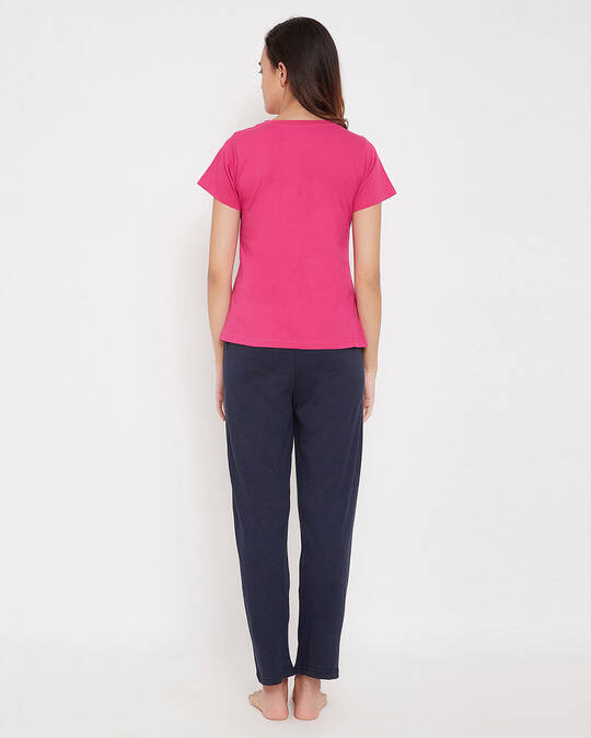 Shop Cotton Quirky Text Top & Basic Pyjama Set   Pink & Blue-Back