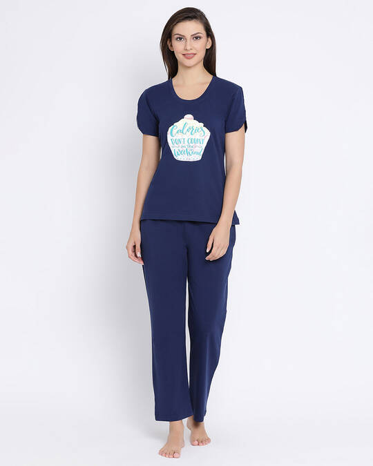Shop Cotton Rich Chest Print Top & Pyjama In Blue-Front