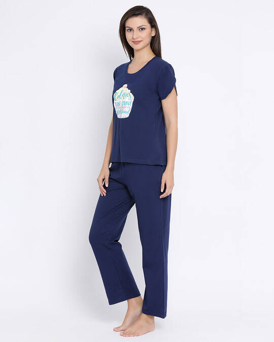 Shop Cotton Rich Chest Print Top & Pyjama In Blue-Design