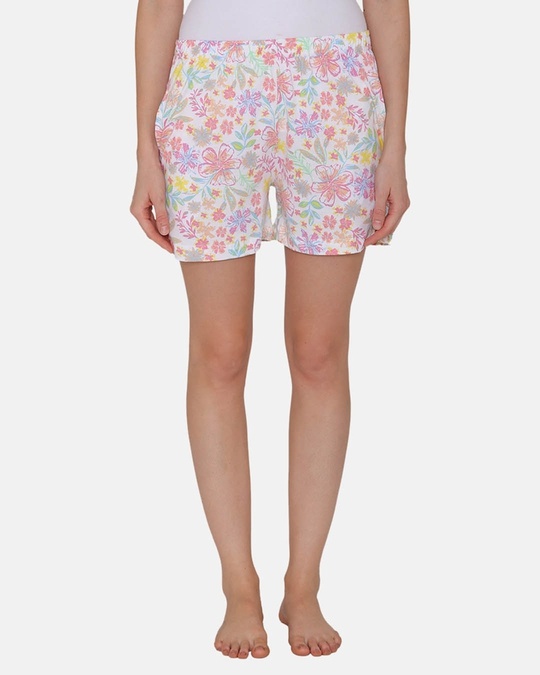 Shop Cotton Rich Floral Print Shorts In White-Front