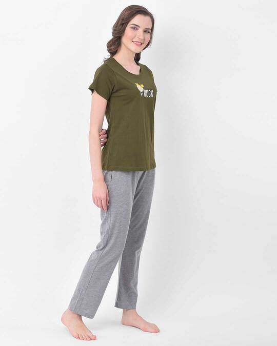 Shop Cotton Solid Pyjama With Printed Top-Full