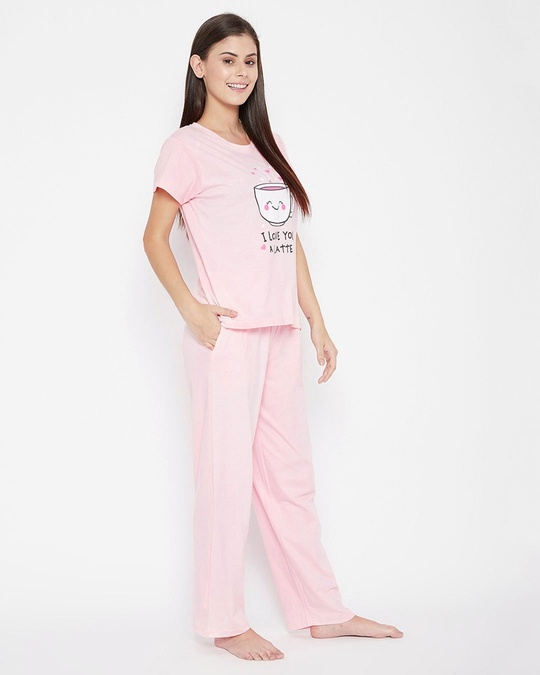 Shop Cup And Text Print Top And Pyjama Set In Baby Pink   Pure Cotton-Design