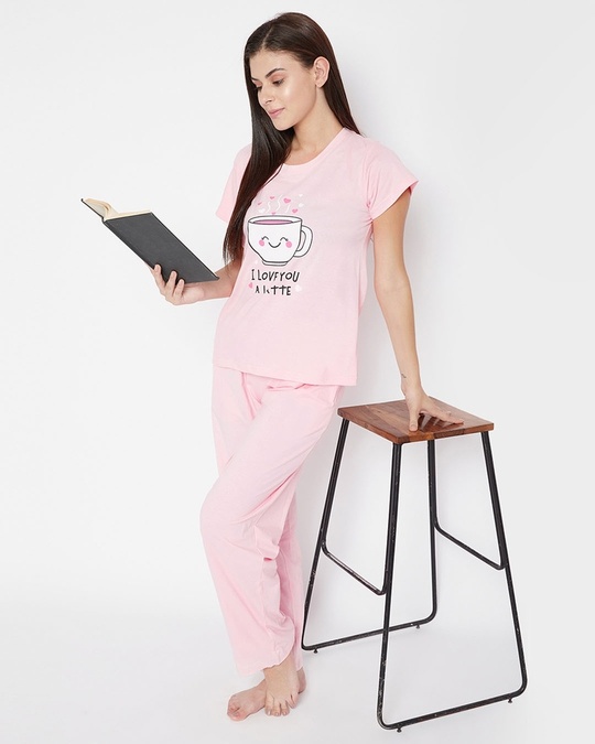 Shop Cup And Text Print Top And Pyjama Set In Baby Pink   Pure Cotton