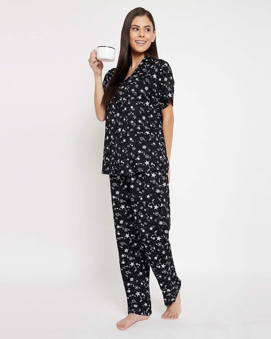 Shop Galaxy Print Button Me Up Shirt & Pyjama Set In Black-Front