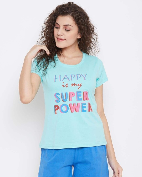Shop Happy Is My Superpower Top In Green  Cotton Rich-Front