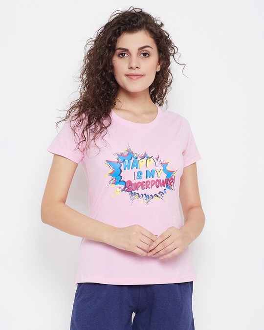 Clovia Happy Is My Superpower Top in Pink- Cotton Rich 