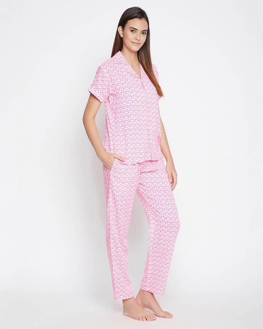 Shop Heart Print Button Me Up Shirt And Pyjama In White   Rayon