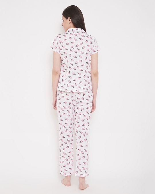 Shop Ice Cream Print Button Me Up Shirt And Pyjama Set In White   Pure Cotton-Back