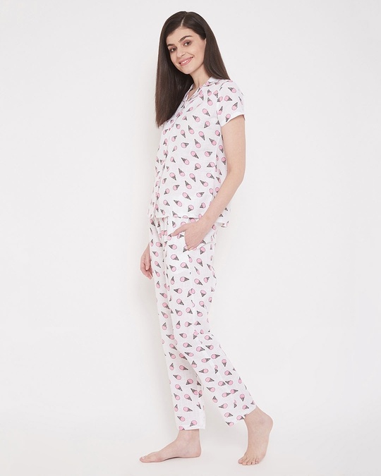 Shop Ice Cream Print Button Me Up Shirt And Pyjama Set In White   Pure Cotton-Design