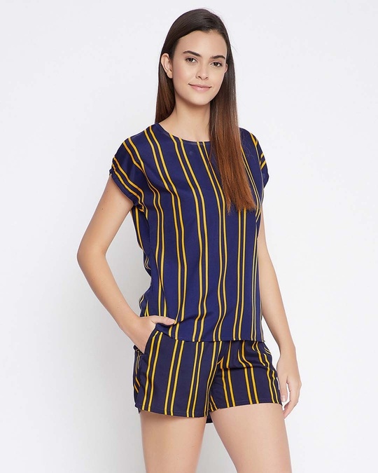 Shop Navy And Yellow Striped Top And Shorts Set   Crepe-Design
