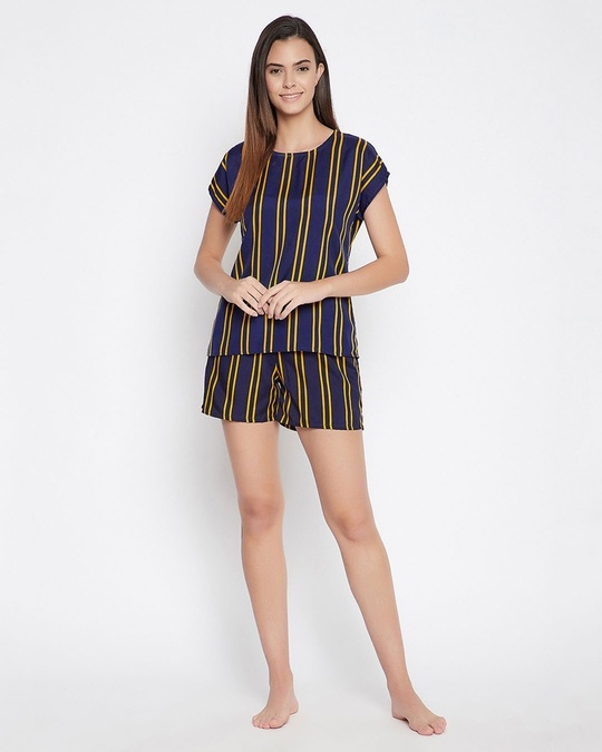 Shop Navy And Yellow Striped Top And Shorts Set   Crepe