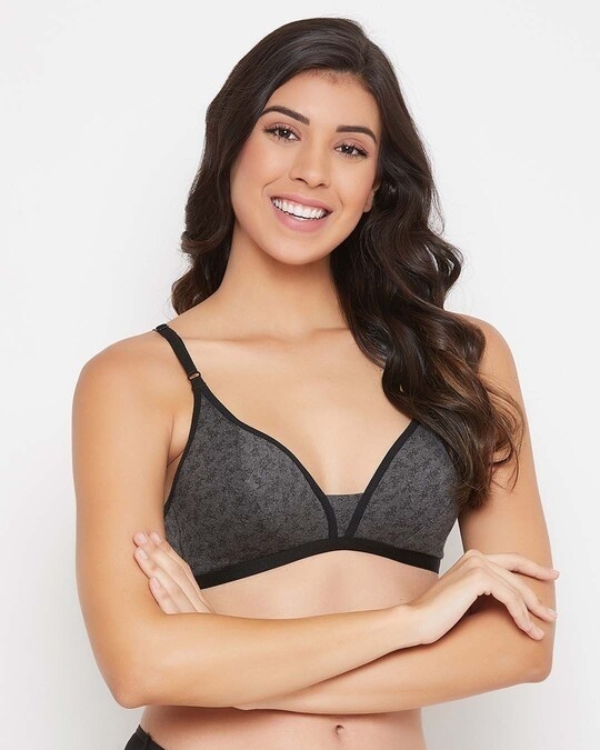 Shop Non Padded Non Wired Full Coverage Printed Bra In Grey   Cotton-Front