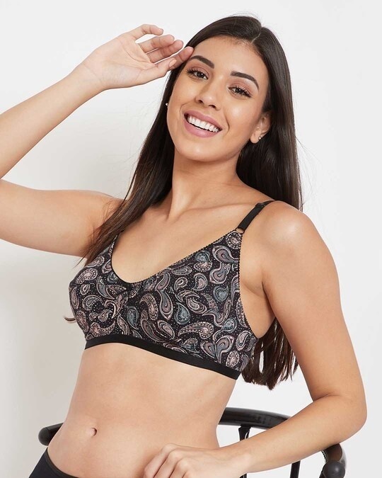 Shop Non Padded Non Wired Paisley Print Full Figure Bra In Black   Cotton Rich-Front