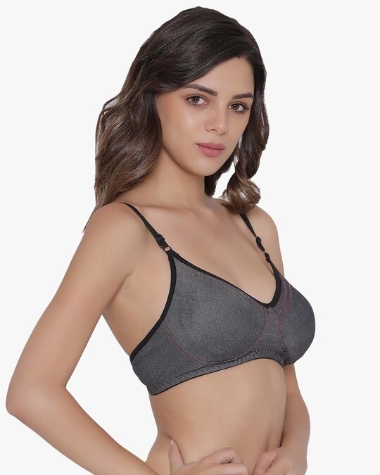Shop Non Padded Wirefree Denim Look T-Shirt Bra In Black-Back