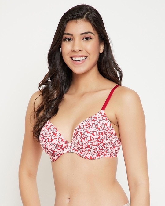 Shop Padded Underwired Demi Cup Floral Print Plunge Bra In Red-Back